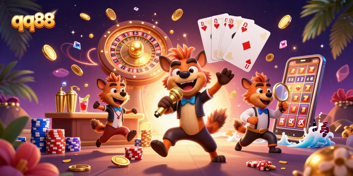 Experience thrilling entertainment at qq88 with lively hyena characters at a vibrant casino scene.