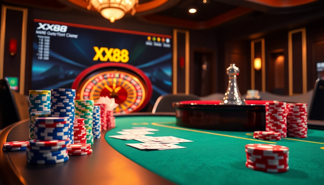 Experience the excitement of XX88 with a vibrant casino scene showcasing poker chips and cards.