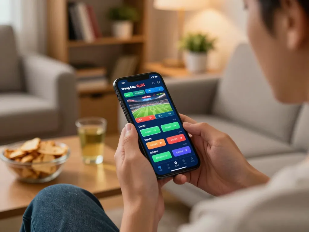 Engaging online betting moment at trang chủ fly88 with a user examining betting options on their smartphone in a cozy home scene.