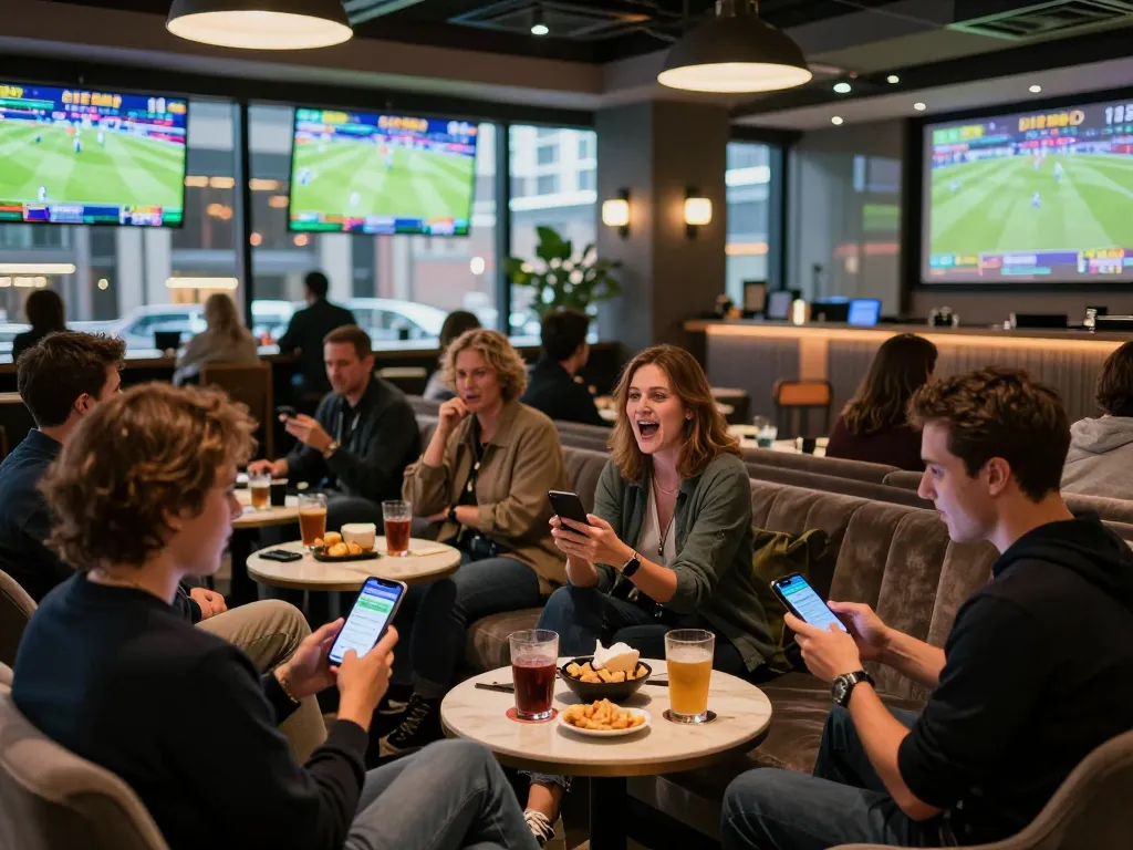 Tỷ lệ kèo nhà cái hôm nay in a buzzing sports betting lounge with excited patrons placing bets on live games.