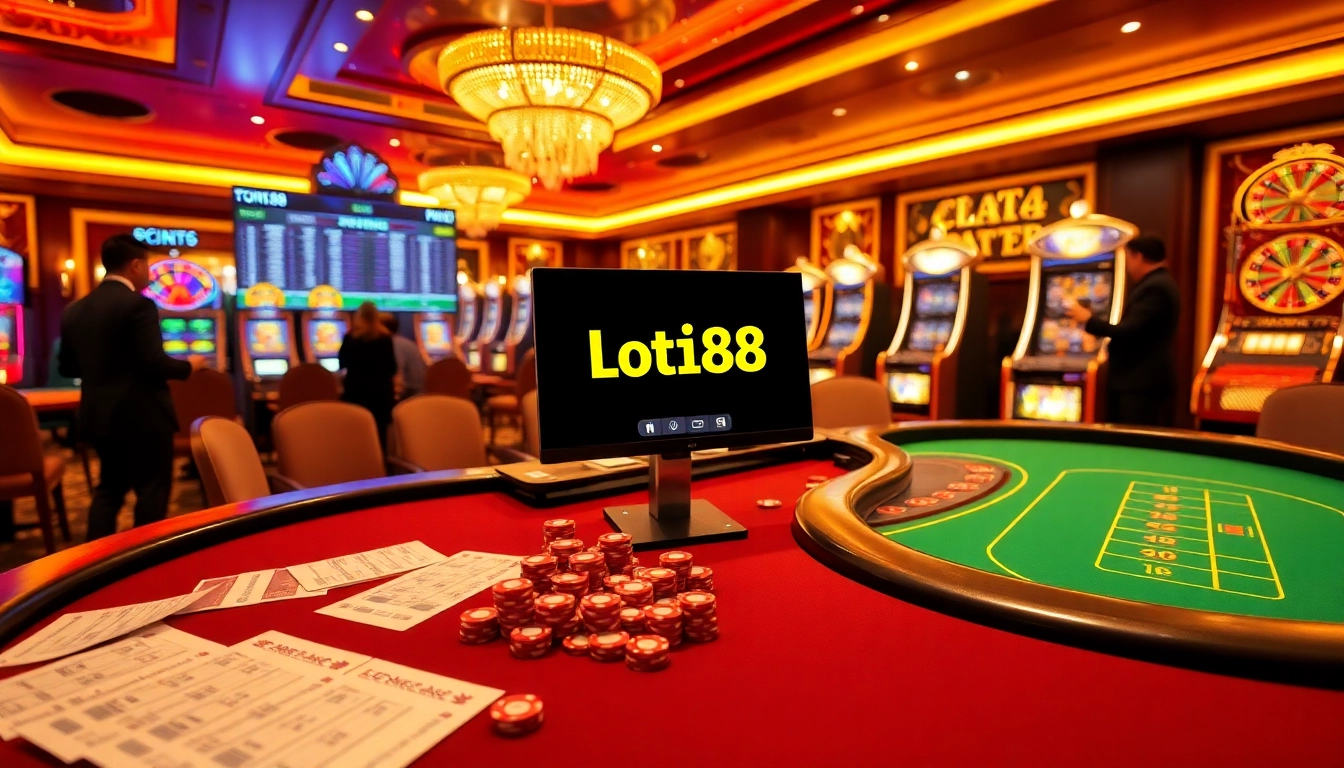Players engaging with Loto188 online lottery and casino games amidst a luxurious casino backdrop.