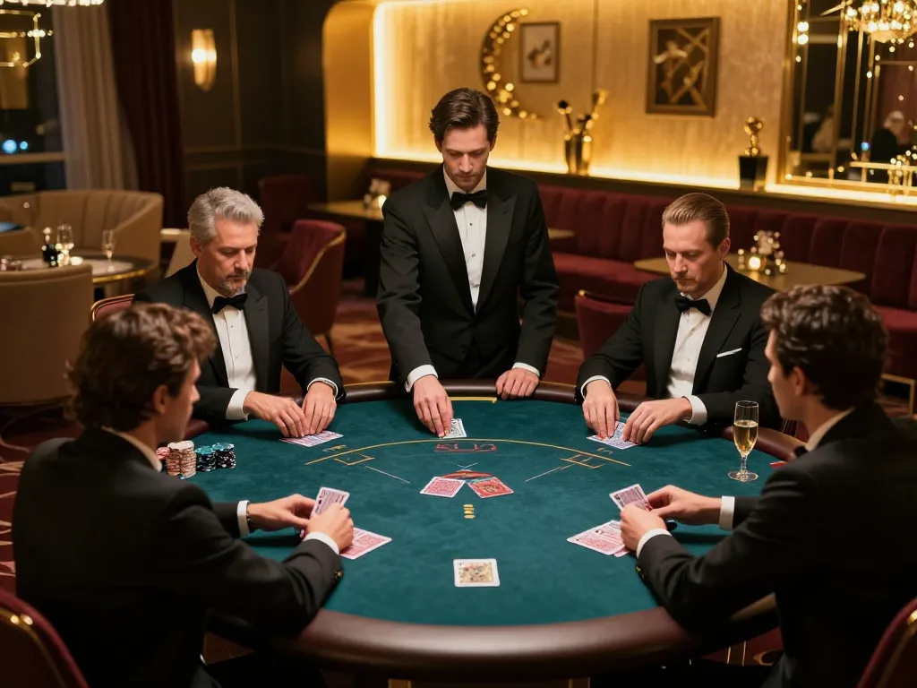 79KING poker players strategize in an elegant VIP area under warm lighting.