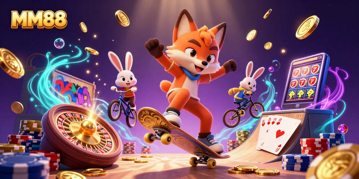 Experience the thrill with MM88 as a cartoon fox skater and BMX rabbit tricksters in a vibrant casino scene.
