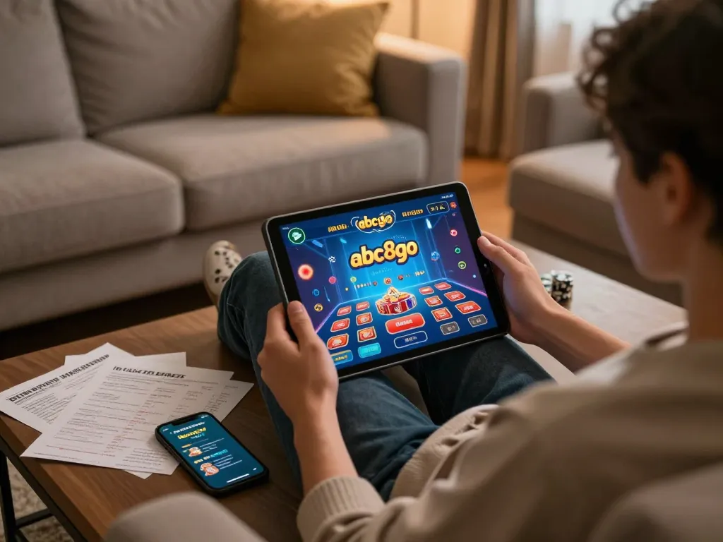 Player strategizing on abc8go gambling app, relaxing in a comfortable home setting.