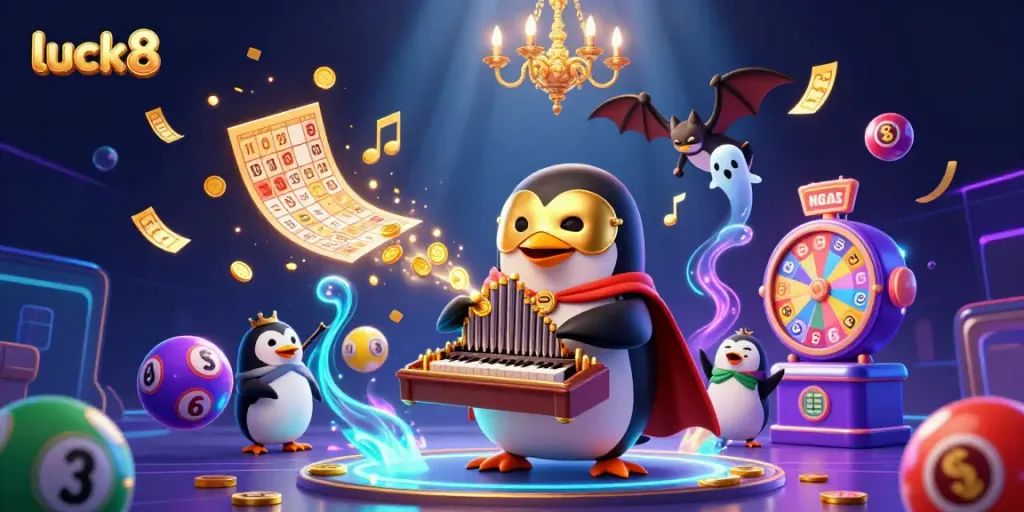 Catch luck8 in action with a penguin organ player amidst a swirl of gambling elements.
