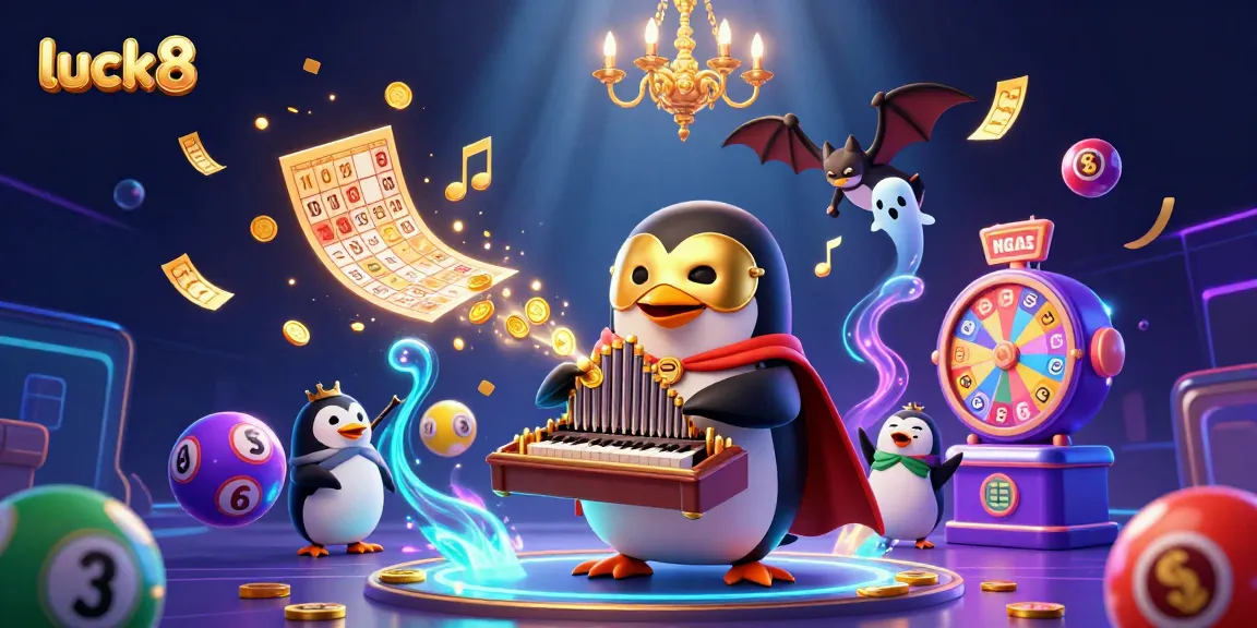 Catch luck8 in action with a penguin organ player amidst a swirl of gambling elements.
