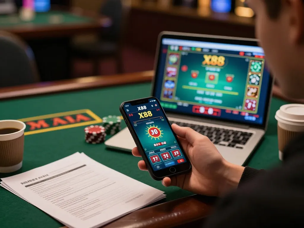 x88 mobile gaming user engaging with the blackjack app while tracking strategies at home.