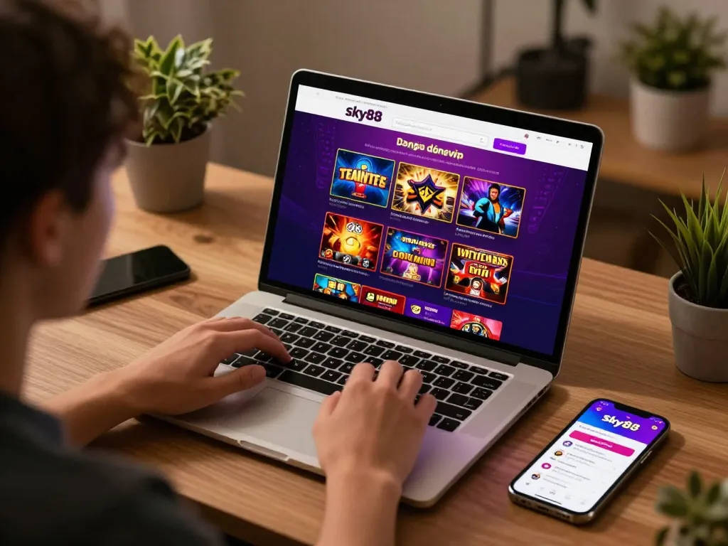 Engaging with Sky88 đăng nhập on a laptop at home, blending gaming excitement with a cozy environment.