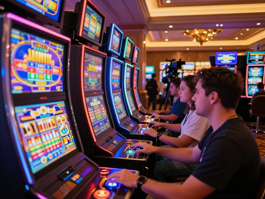 Players enjoying the engaging slot machines at Twin68 casino, showcasing vibrant colors and excitement.