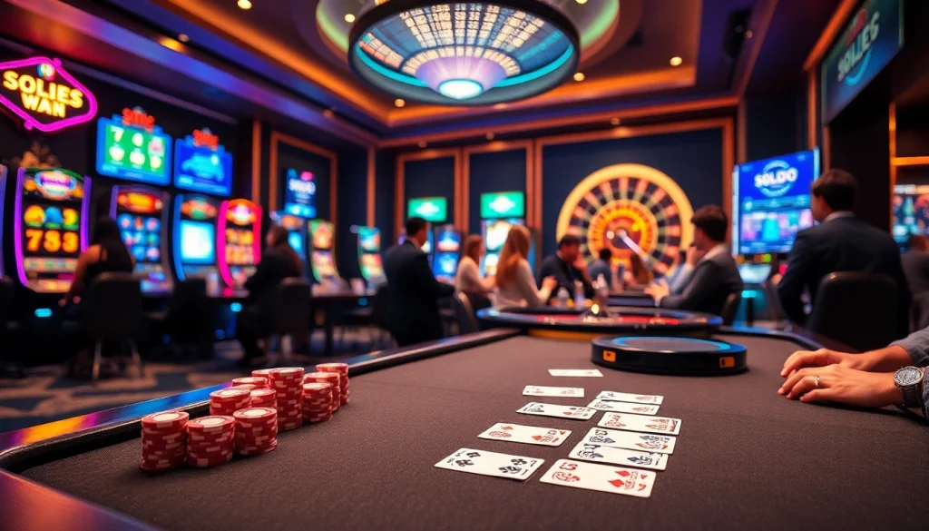 Players enjoy an exciting poker game at SODO Casino, with colorful chips and cards.
