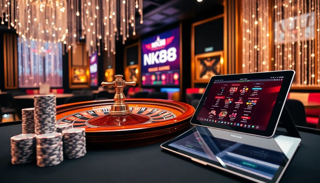 Experience nk88 bet excitement with an elegant casino setup featuring roulette and poker chips.