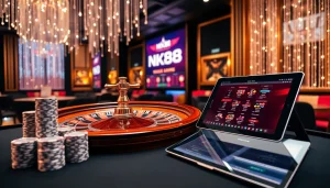 Experience nk88 bet excitement with an elegant casino setup featuring roulette and poker chips.