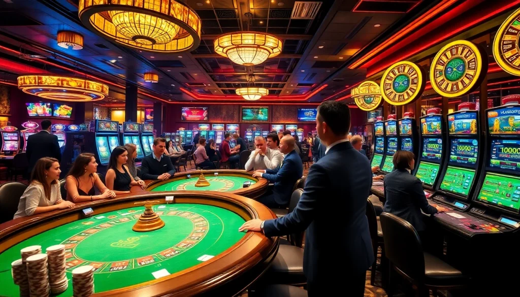 Players enjoying their luck at poker tables with xx88 kjc branding in a vibrant casino atmosphere.