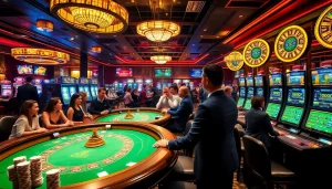 Players enjoying their luck at poker tables with xx88 kjc branding in a vibrant casino atmosphere.