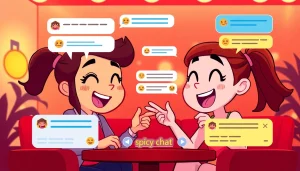 Dynamic 'spicy chat' interaction between animated characters in a vibrant chatroom.