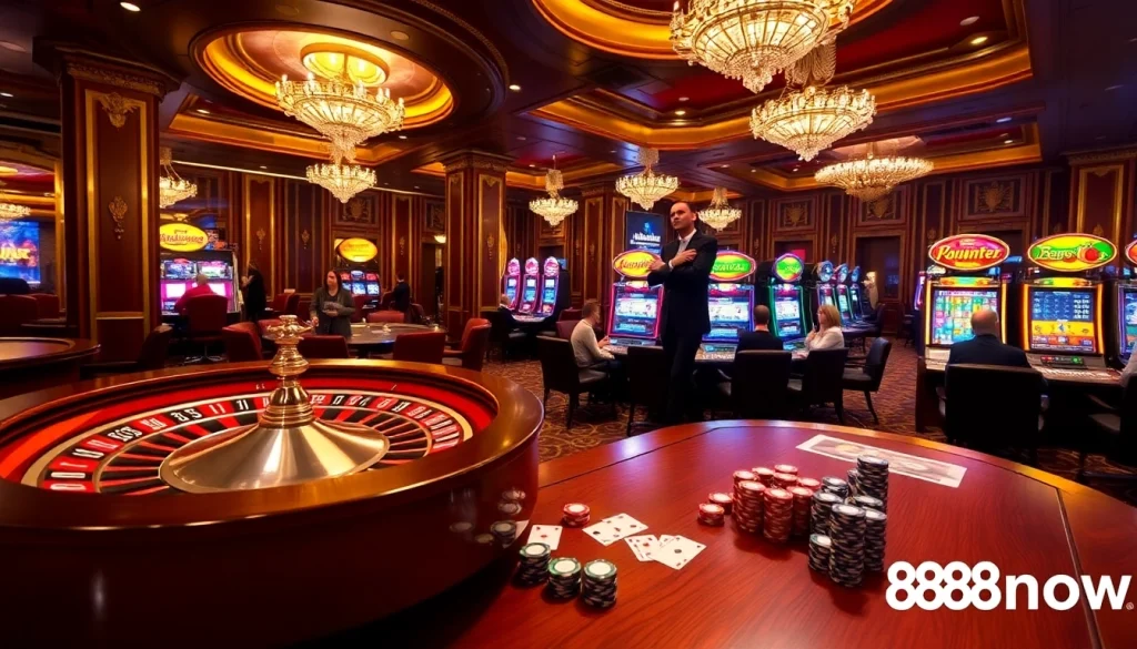 Experience thrilling gaming at 888now with vibrant slot machines and elegant roulette tables.