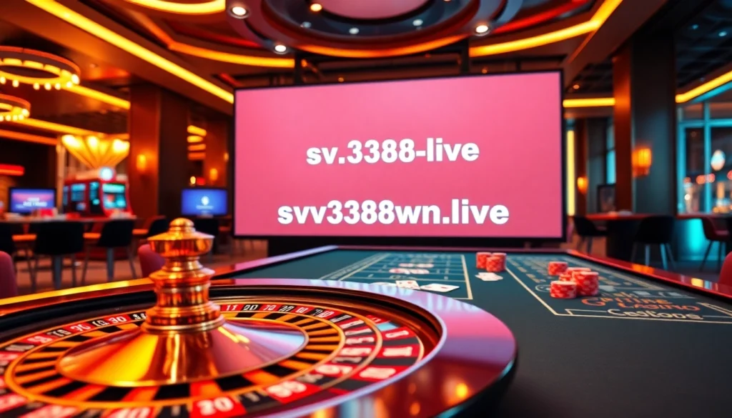 Experience the thrill of online gambling at https://sv388win.live with a vibrant casino scene featuring poker chips and a roulette wheel.