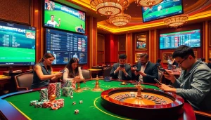 Cược thể thao excitement with a vibrant betting interface and enthusiastic gamblers analyzing odds.