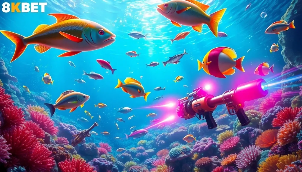 Bắn cá 8KBET players aim their weapons to score big wins in a dynamic underwater casino.