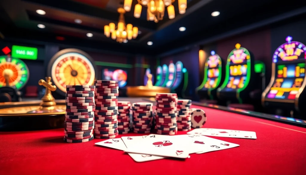 Experience the excitement at mb66.ski with a luxury casino table featuring cards and poker chips.