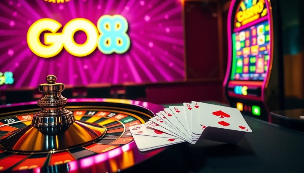 Go 88 casino scene with vibrant roulette, flying chips, and dealt cards, capturing excitement.