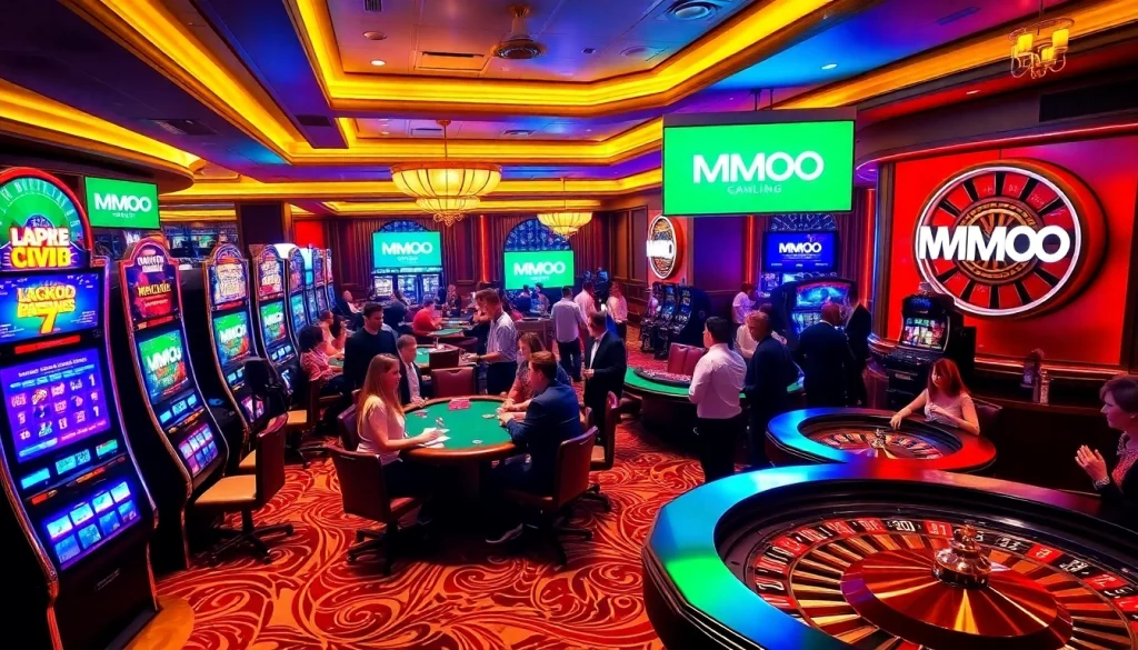 Players enjoying games at MMOO Casino with vibrant slot machines and a roulette wheel.