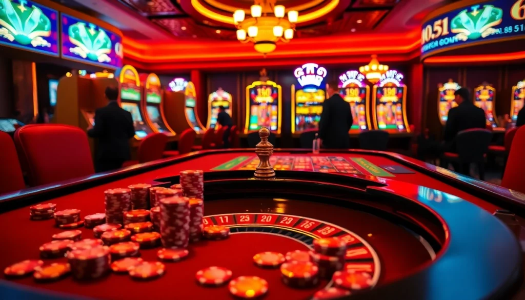 Gamblers thrilled by play at mb66.nyc casino table with vibrant lights and poker chips.