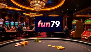 Players enjoying a high-stakes game at the fun79 casino, with vibrant poker chips and roulette tables.