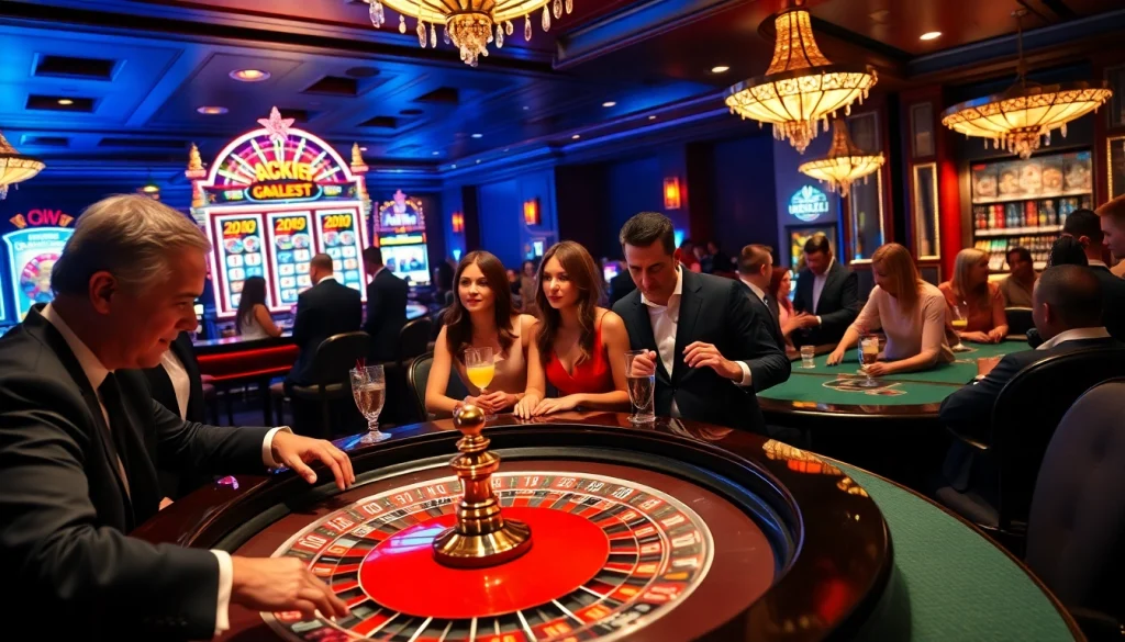 Players at a casino engage in thrilling games like nohu slots, capturing the excitement of gambling.