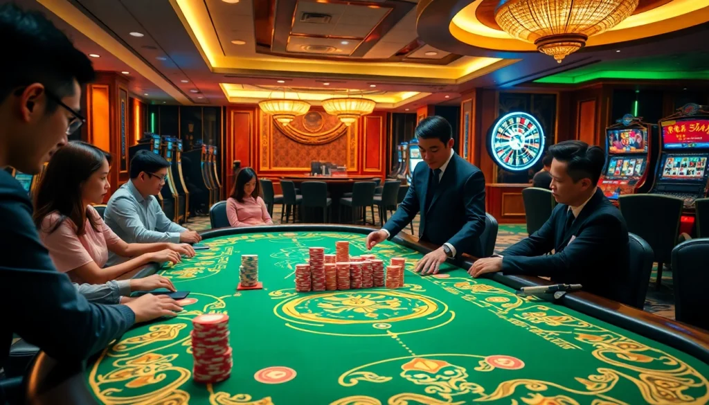 Engaged players at a vibrant tài xỉu sunwin table in a luxurious casino atmosphere.