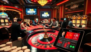Excited gamblers exploring RR99 online gaming options at a luxurious casino.