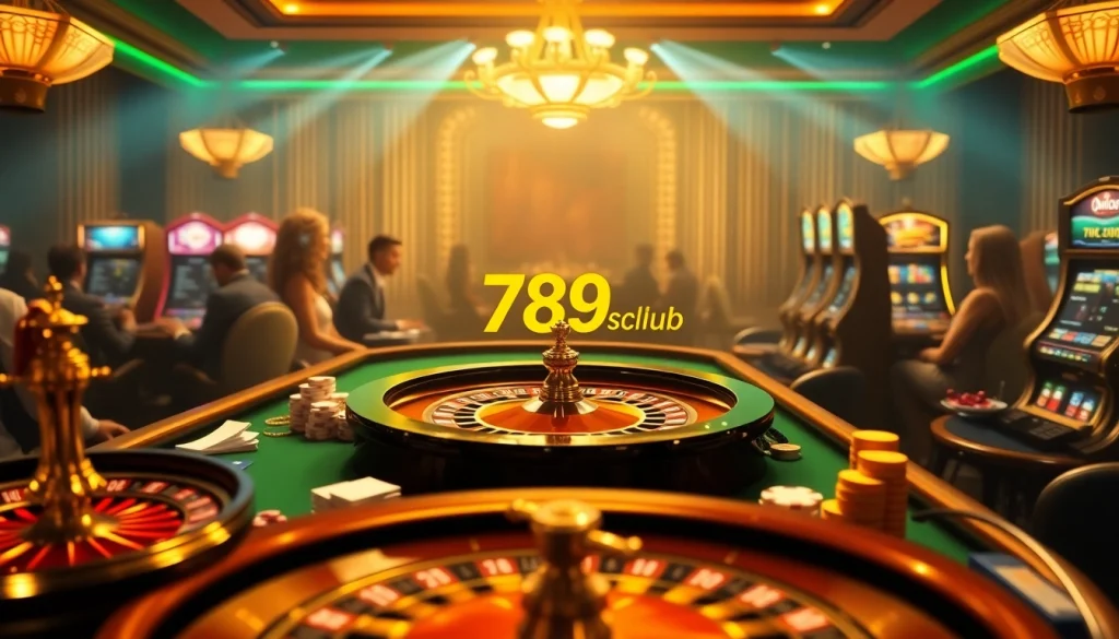 Engage in a thrilling game at 789club with vibrant casino elements like roulette wheels and poker chips.