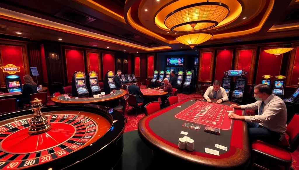 Experience the thrill of gambling at TP88 with vibrant casino tables and engaged players.