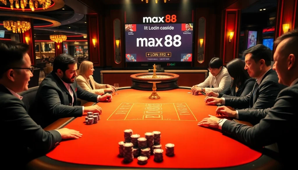 Players engaging at a blackjack table in a luxurious setting, showcasing max88's online gaming experience.