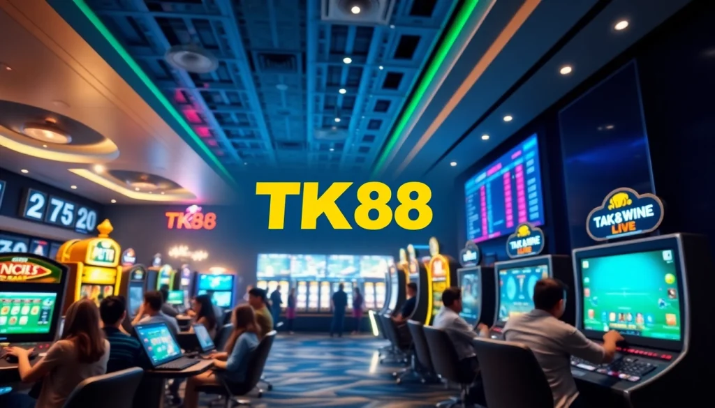Engaging online casino experience featuring tk88win.live with diverse players, vibrant atmosphere, and modern gaming elements.