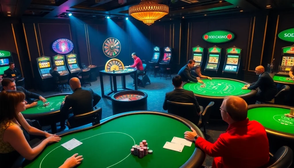 SODO Casino players enjoying lively poker games and roulette in a luxurious casino setting.