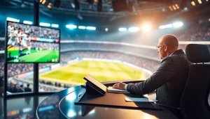 Engaging sports broadcasting setup with a commentator at a desk providing live updates.