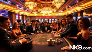 Players enjoying an exciting game at NK88 com, surrounded by vibrant casino elements.