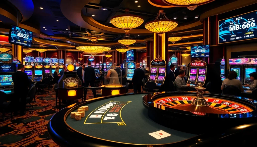 Experience the thrill of MB66 at a luxurious casino filled with slot machines and high-stakes tables.