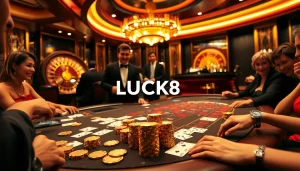 Intense poker showdown at LUCK8 casino, players strategizing over luxury chips and cards.