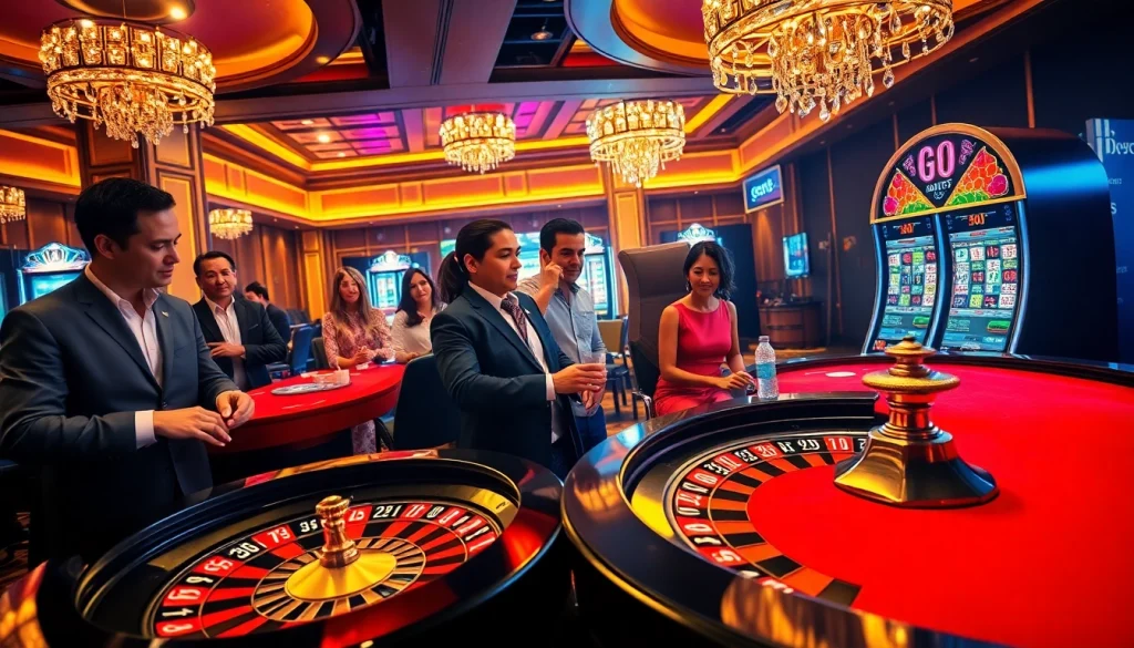 Excited gamblers betting at the Go8 casino roulette and poker tables