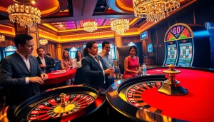 Excited gamblers betting at the Go8 casino roulette and poker tables