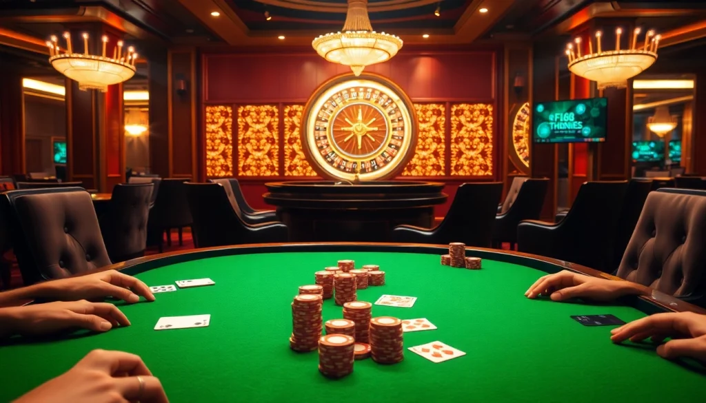 Players strategizing at a poker table in a luxurious casino, highlighting F168's gaming options.