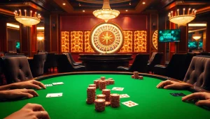 Players strategizing at a poker table in a luxurious casino, highlighting F168's gaming options.