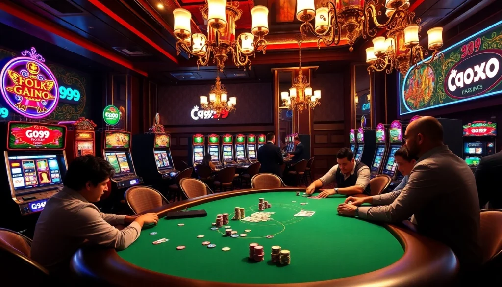 Experience thrilling gaming at go99 with vibrant poker tables and colorful slot machines.