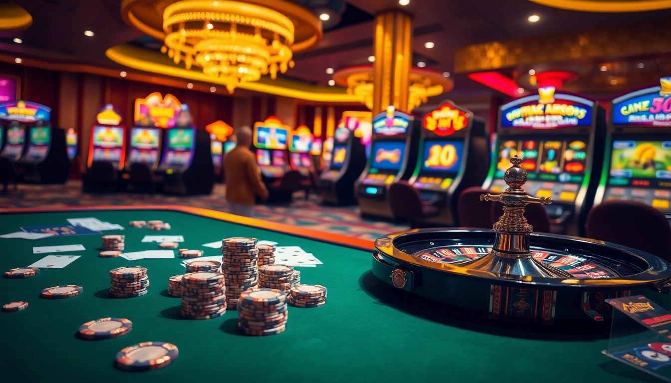 KJC group captivates gamblers with an elegant casino scene featuring poker, roulette, and slot machines.