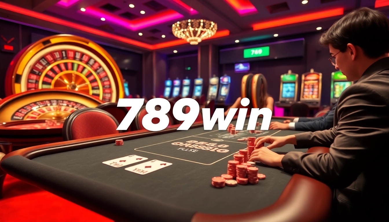 Experience thrilling gameplay at 789win with a luxurious casino atmosphere featuring poker and slot machines.