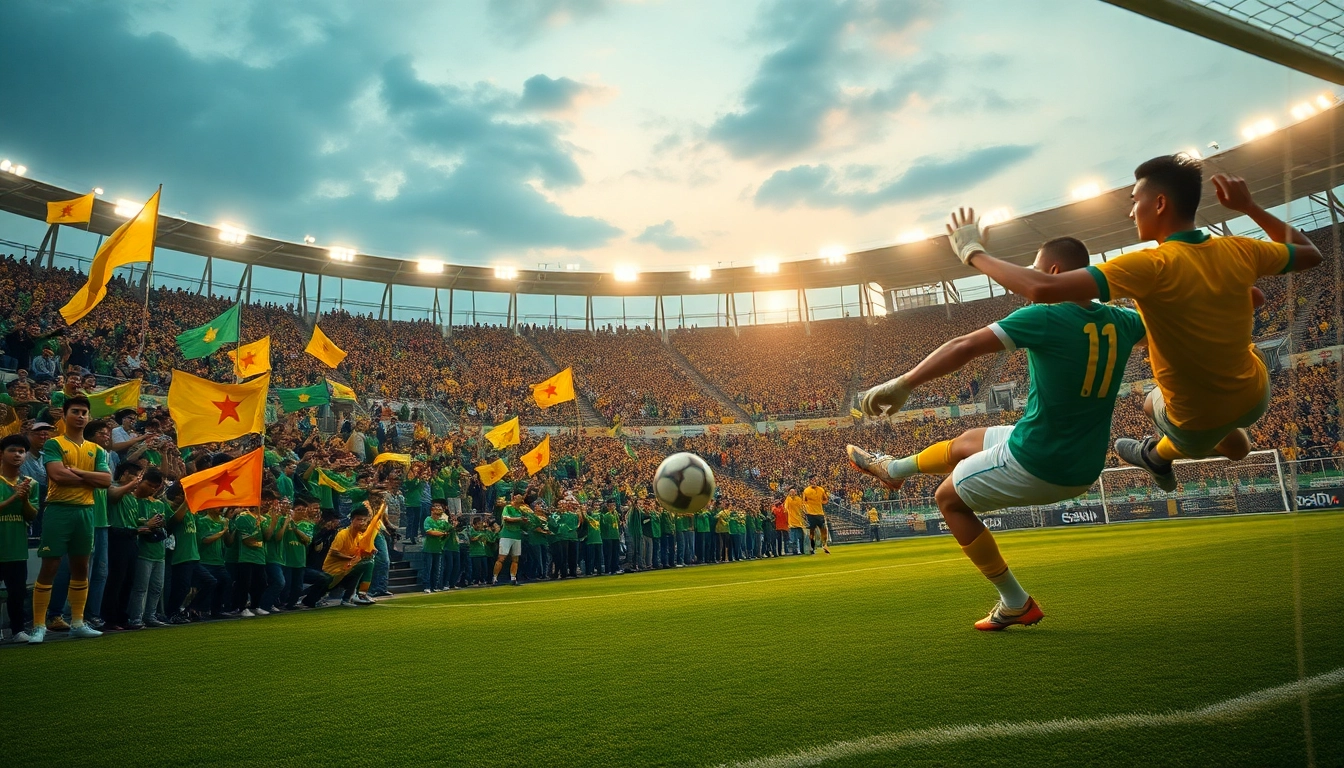 Xem bóng đá hôm nay in an electrifying soccer match atmosphere with fans, players, and vibrant colors.