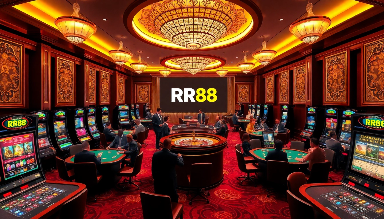 Players enjoying a thrilling gaming experience at RR88 casino, with vibrant slot machines and a roulette wheel.