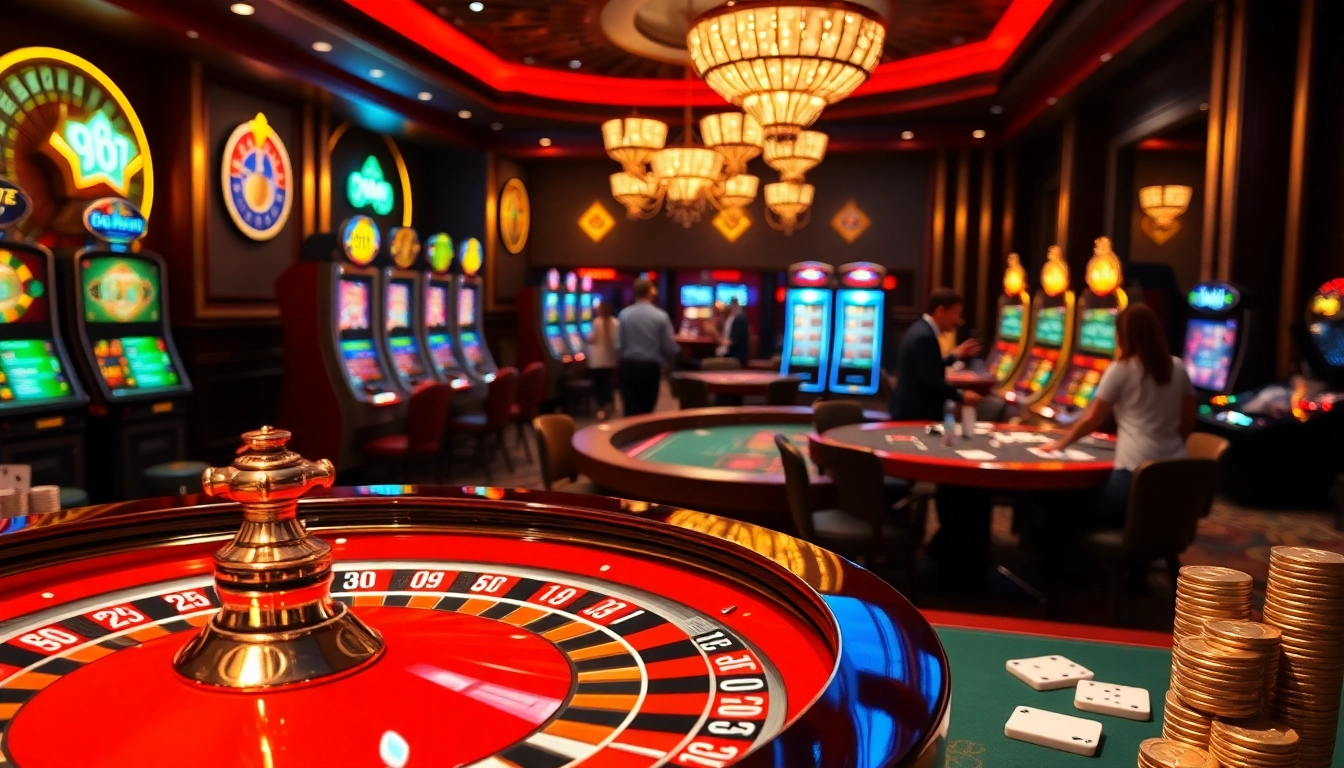 Experience the thrill of online gambling with vin88ac.com, featuring a vibrant casino scene with roulette, poker, and slot machines.
